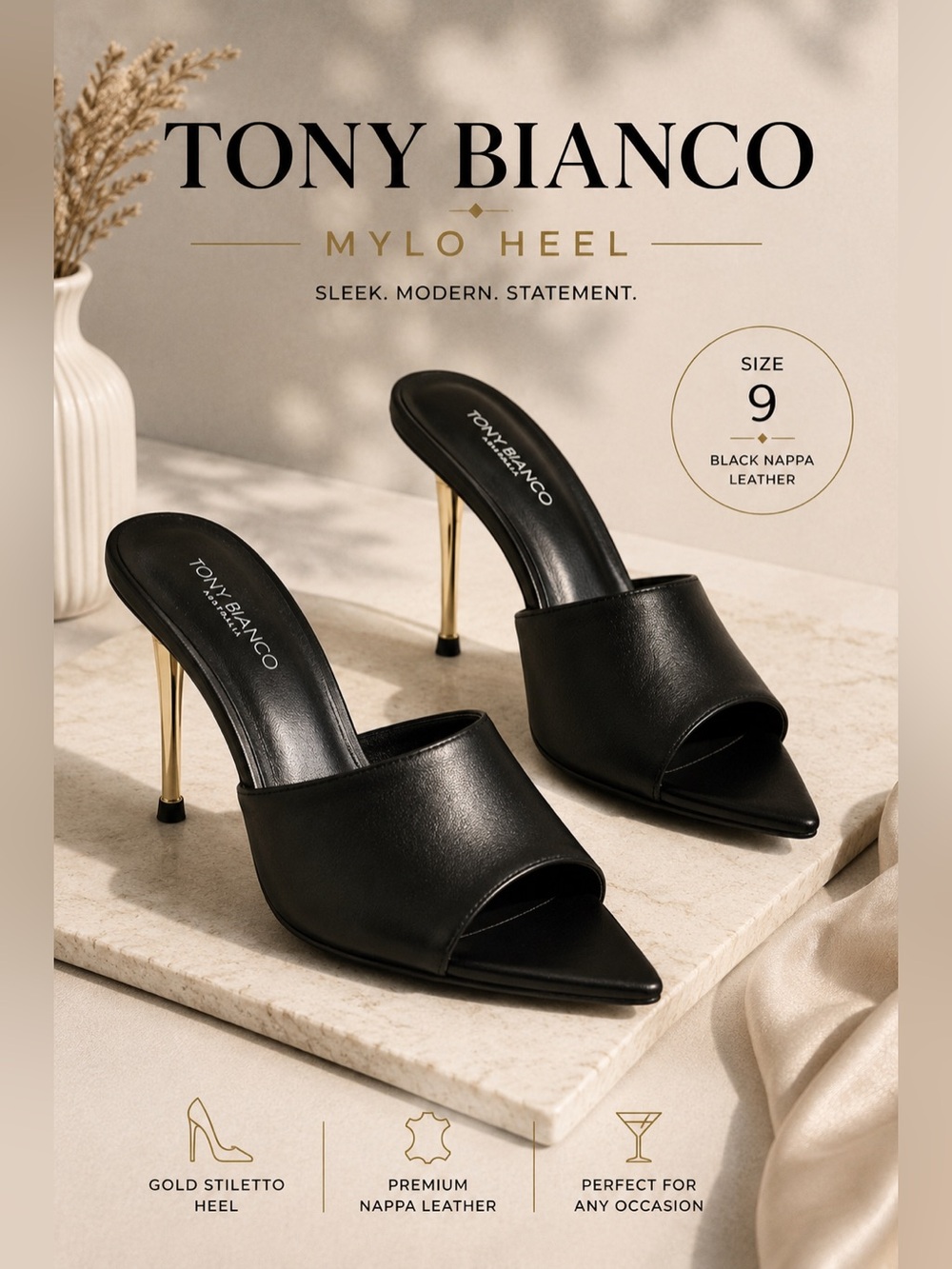Tony Bianco Mylo Black Nappa Leather Gold Stiletto Mule Heels Size 9